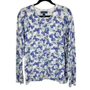 Karen Scott Butterfly Print Cardigan Sweater Womens XXL Blue White Long Sleeve
